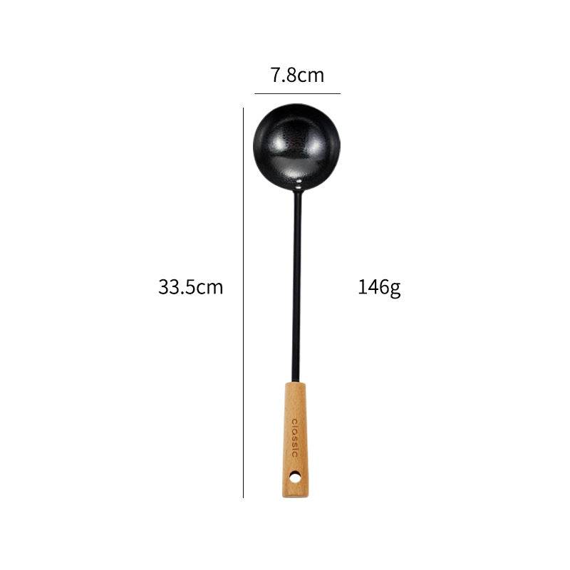 Black Pig Iron Spatula And Soup Spoon Household Non-stick Pan Long Handle Cooking Chef Shovel Colander Beech Handle Classical Kitchenware Set - Mubimart