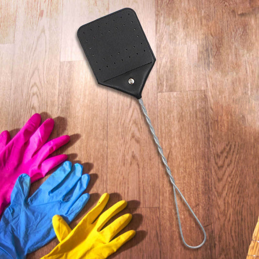 Black Wire Handle Leather Fly Swatter - Mubimart