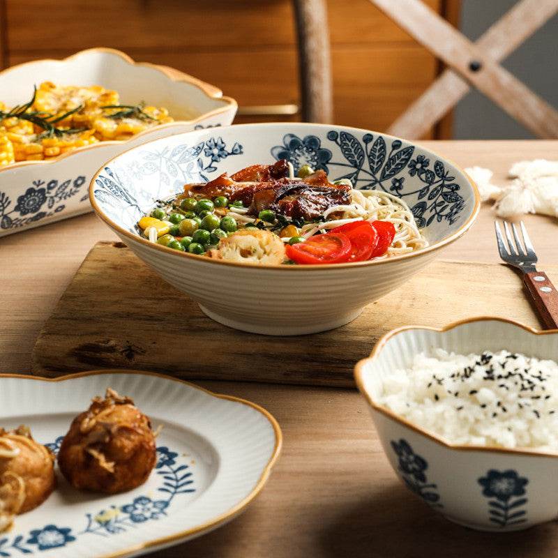 Blue And White Ceramic Tableware Lace Bowl And Plate Combination - Mubimart