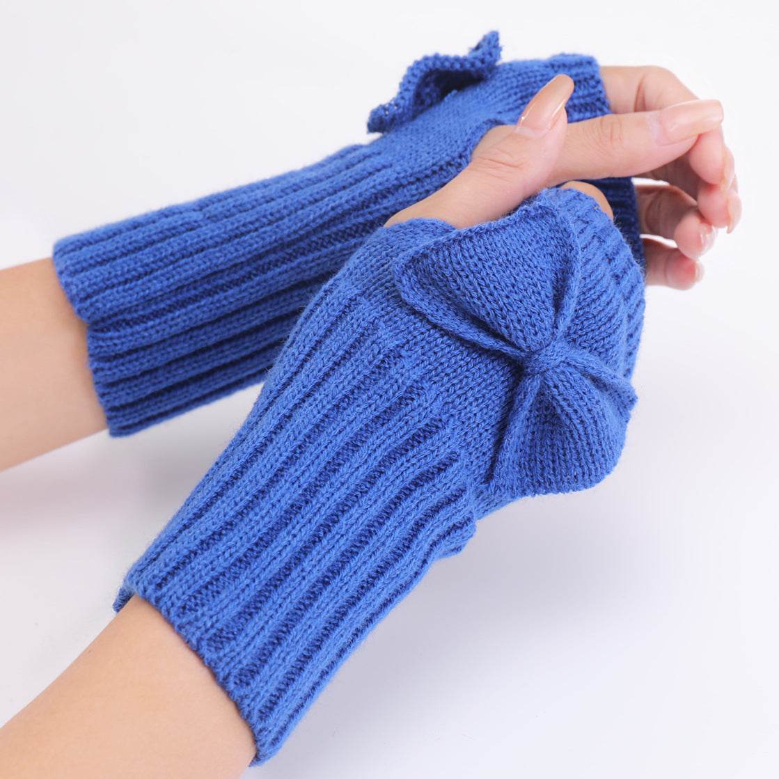 Bow Knitted Wool Keep Warm Half Finger Fingerless Gloves Success - Mubimart