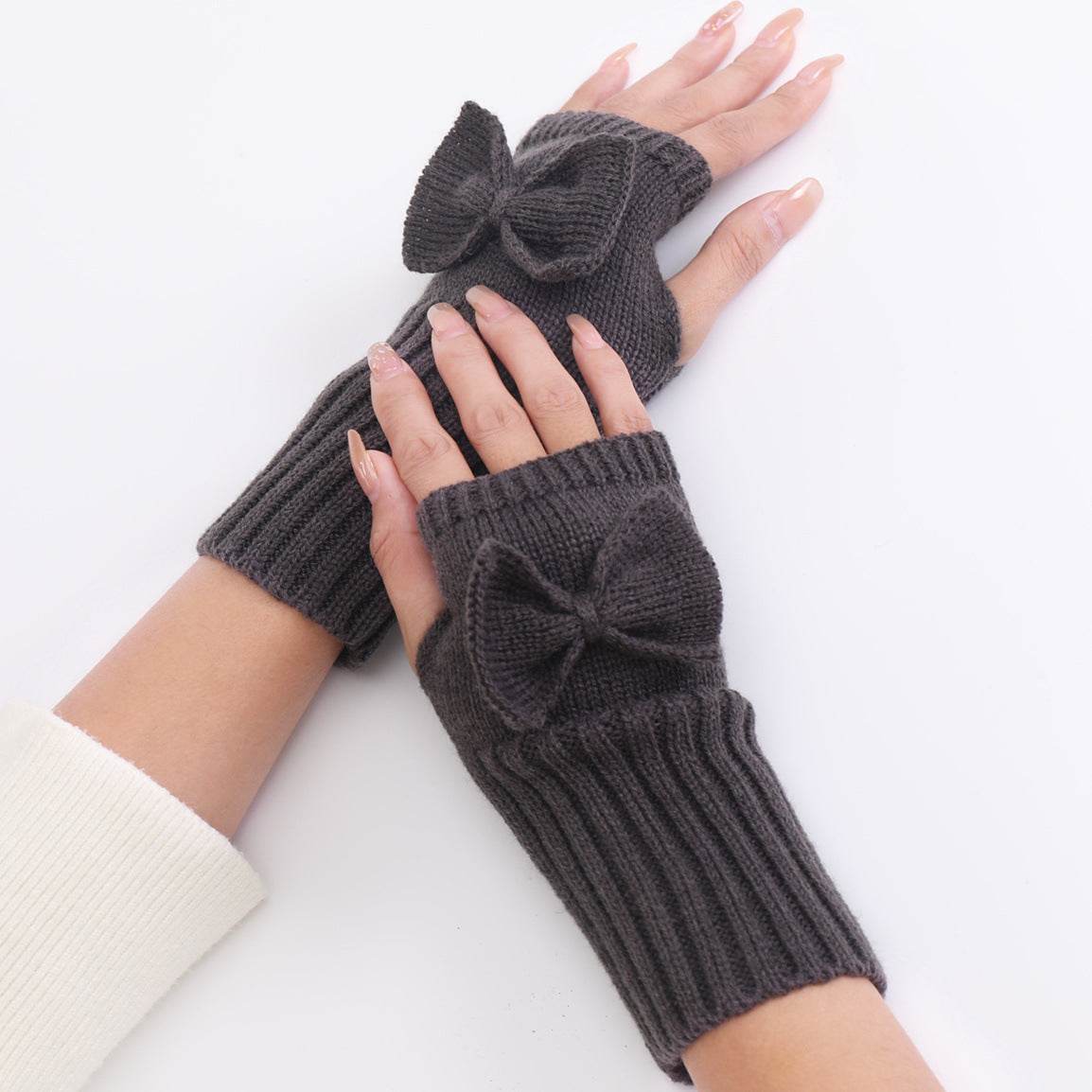 Bow Knitted Wool Keep Warm Half Finger Fingerless Gloves Success - Mubimart