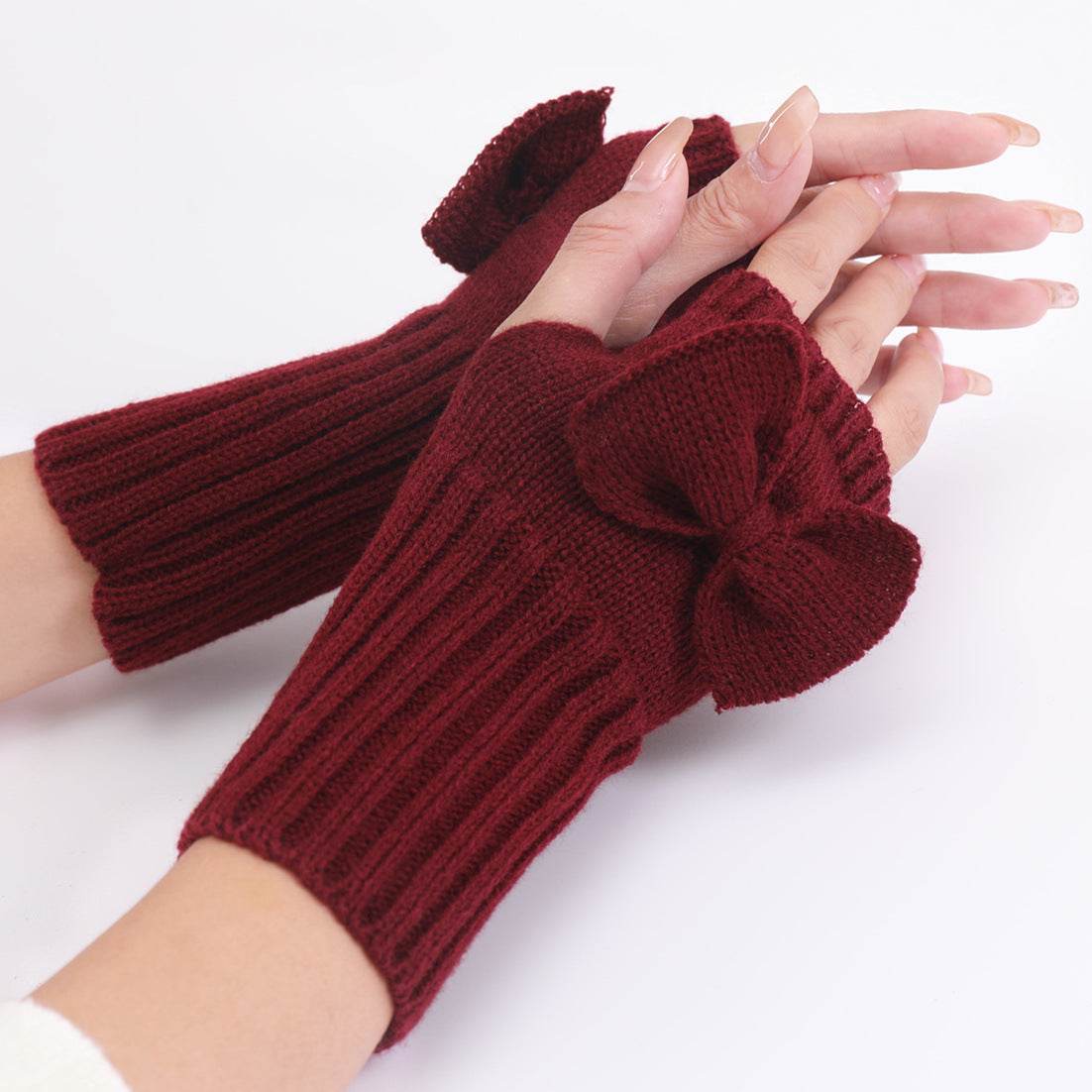 Bow Knitted Wool Keep Warm Half Finger Fingerless Gloves Success - Mubimart