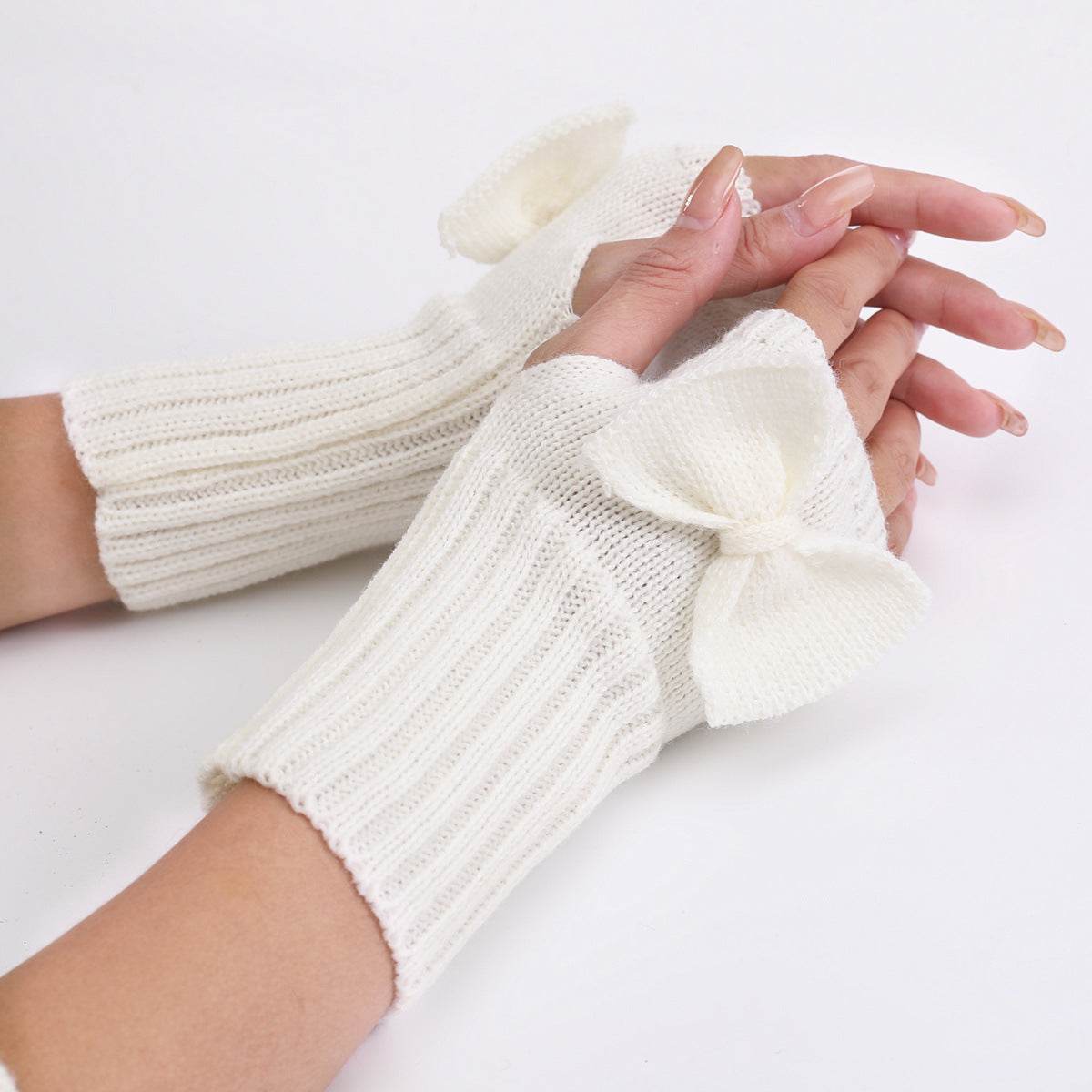 Bow Knitted Wool Keep Warm Half Finger Fingerless Gloves Success - Mubimart