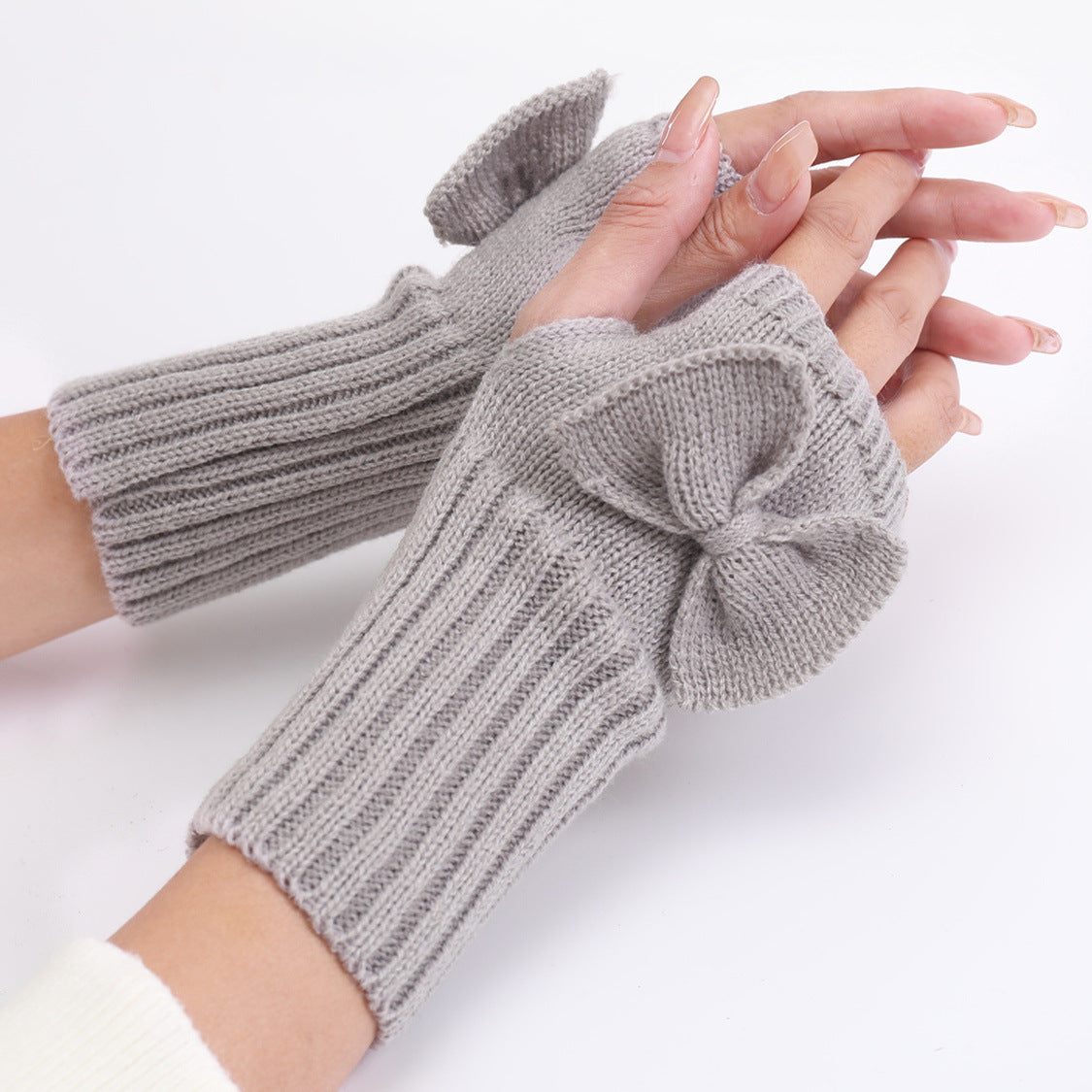 Mubimart Bow Knitted Wool Keep Warm Half Finger Fingerless Gloves Success Mubimart 