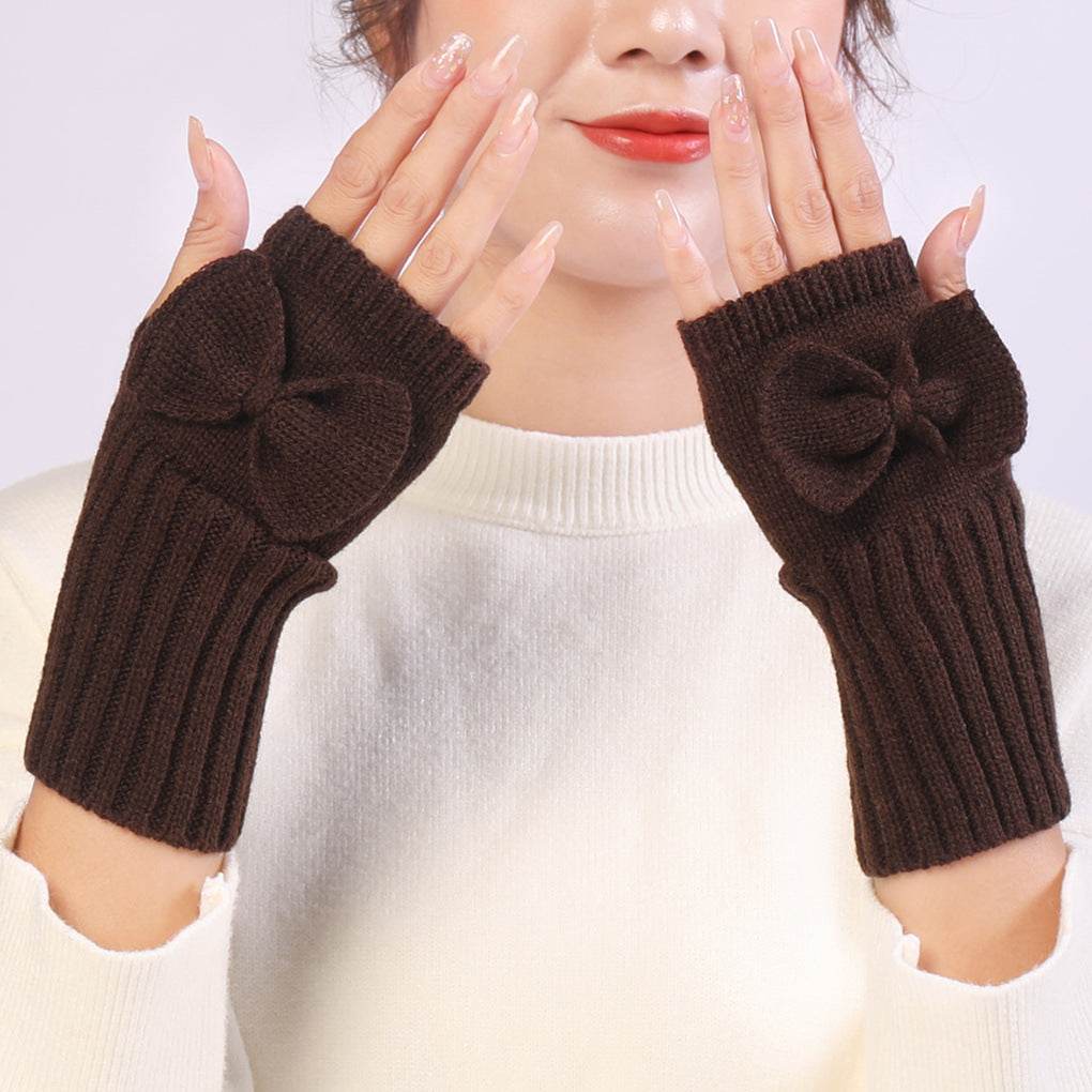 Bow Knitted Wool Keep Warm Half Finger Fingerless Gloves Success - Mubimart
