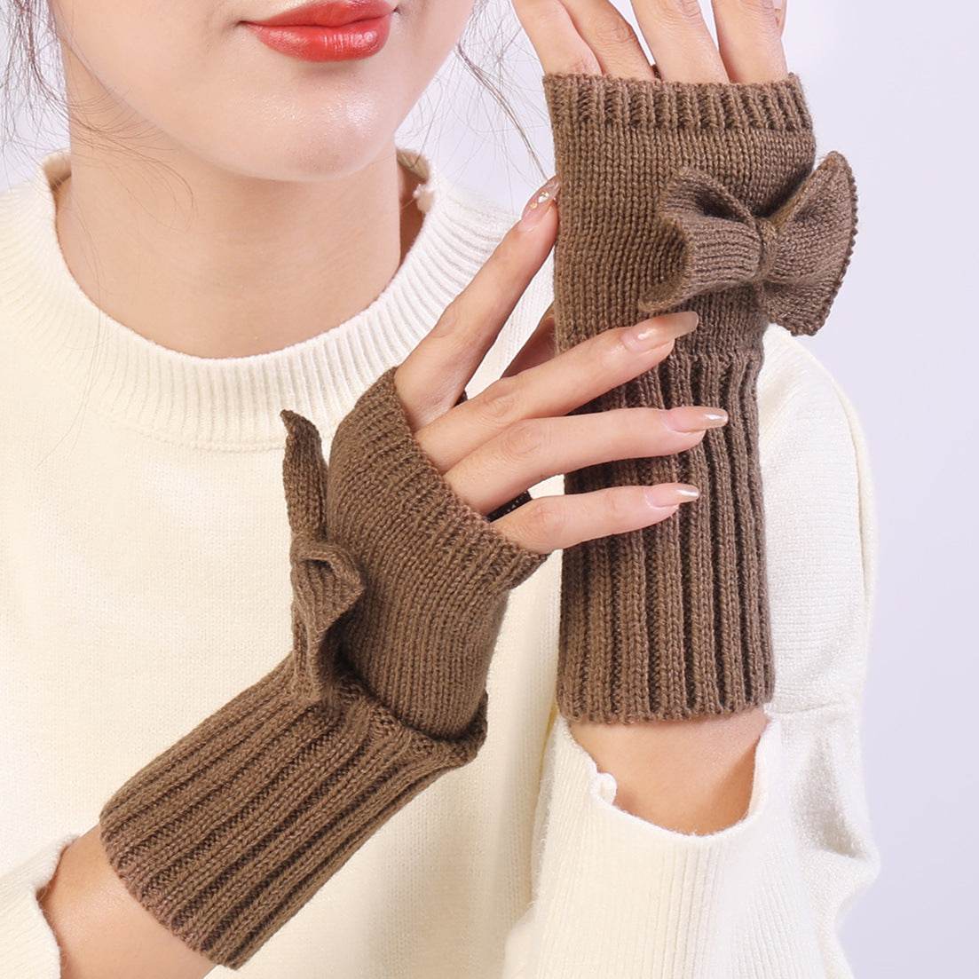 Bow Knitted Wool Keep Warm Half Finger Fingerless Gloves Success - Mubimart