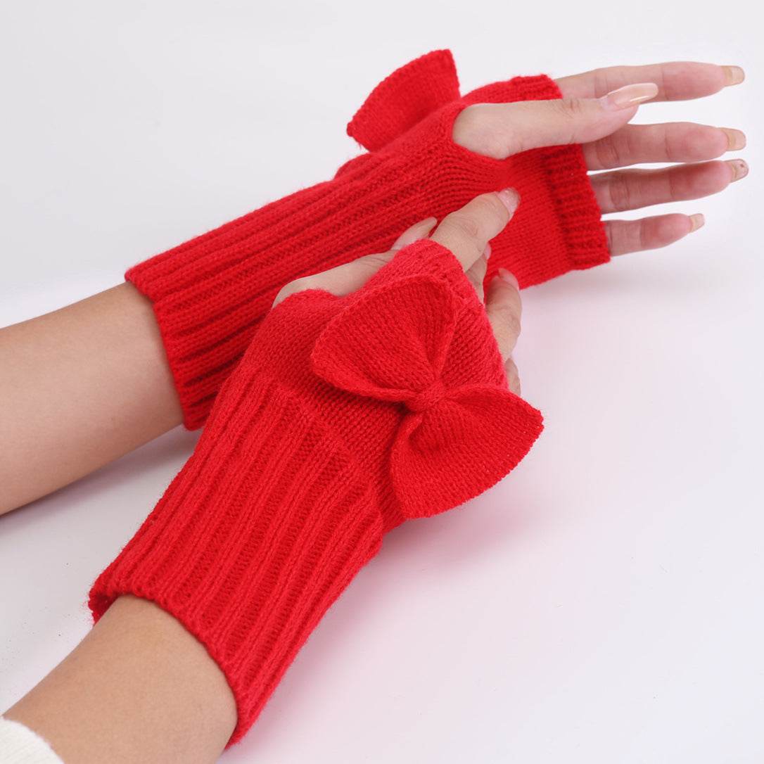 Bow Knitted Wool Keep Warm Half Finger Fingerless Gloves Success - Mubimart