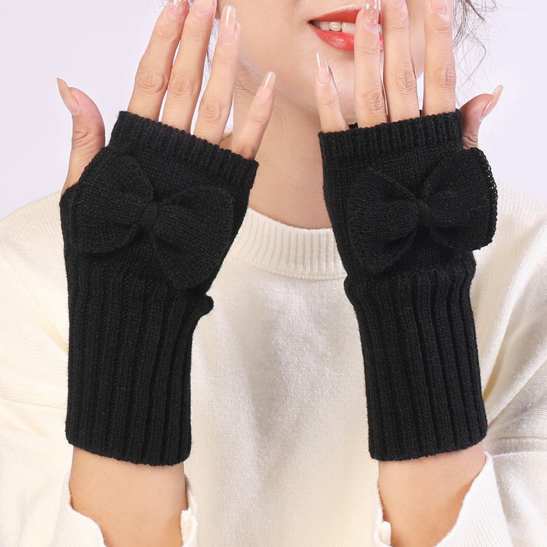 Mubimart Bow Knitted Wool Keep Warm Half Finger Fingerless Gloves Success Mubimart 