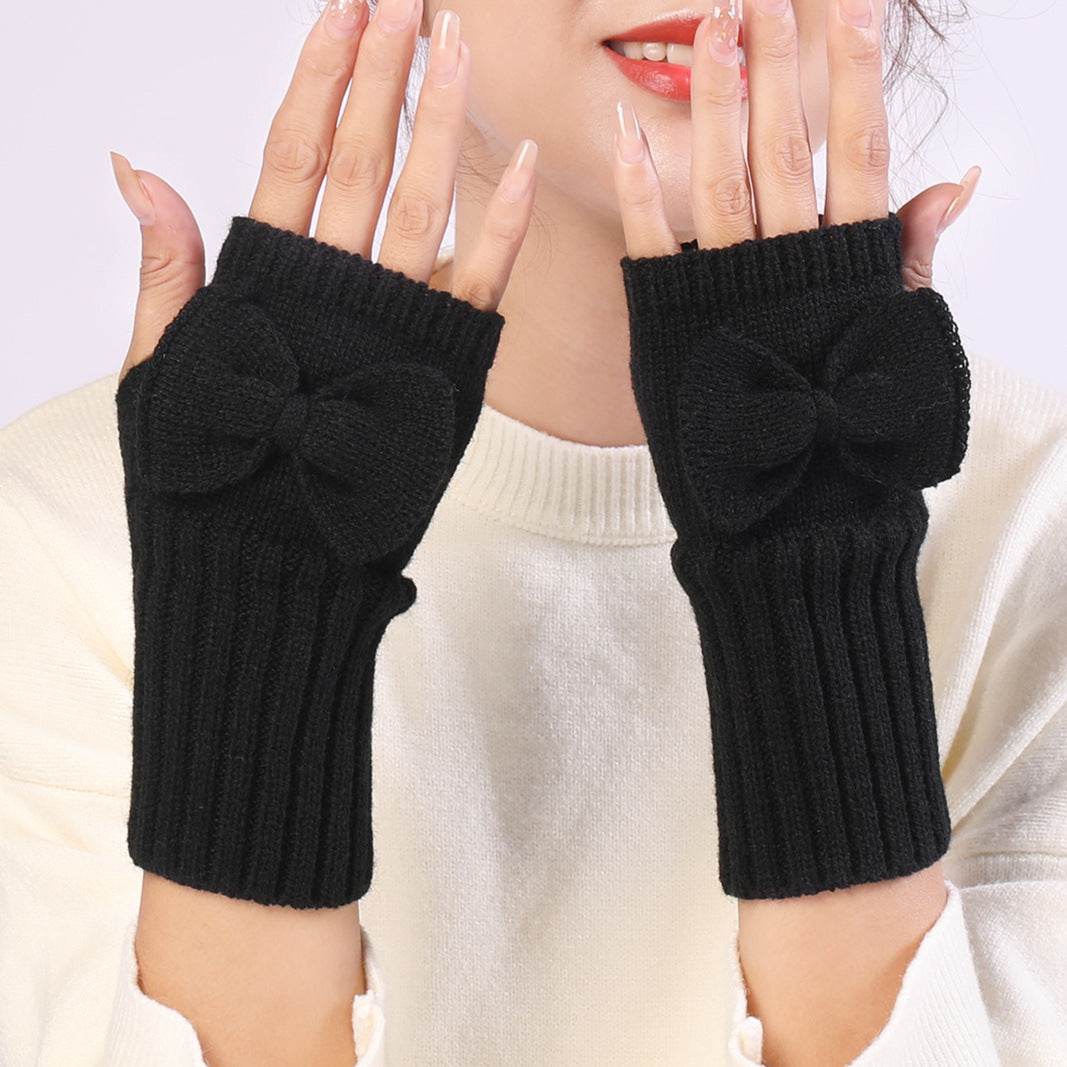 Bow Knitted Wool Keep Warm Half Finger Fingerless Gloves Success - Mubimart