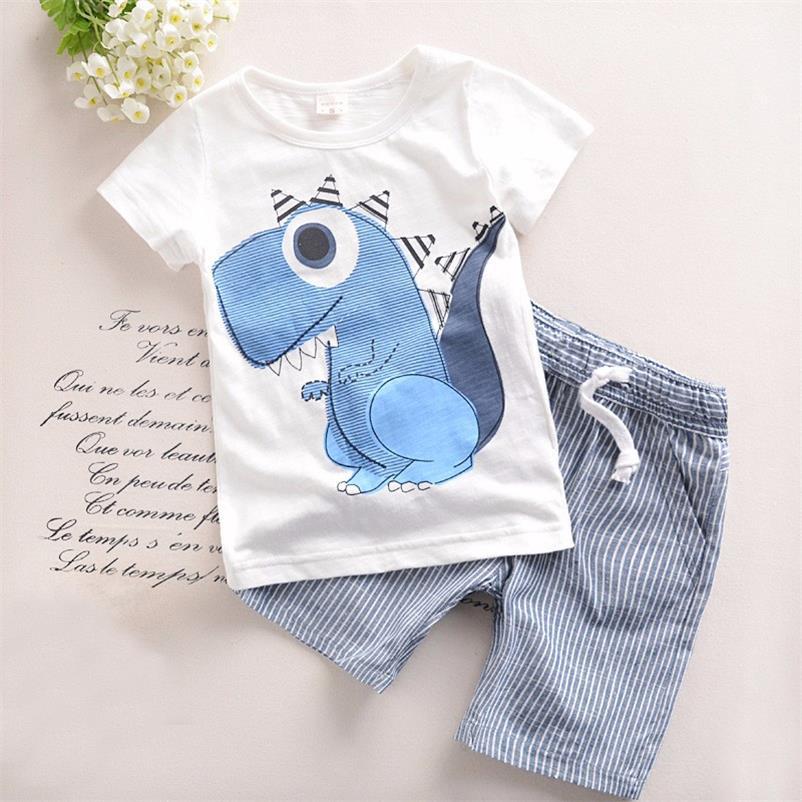 Boy Cartoon Dinosaur Short Sleeve Stripe Shorts Set - Mubimart - Baby Cloth 