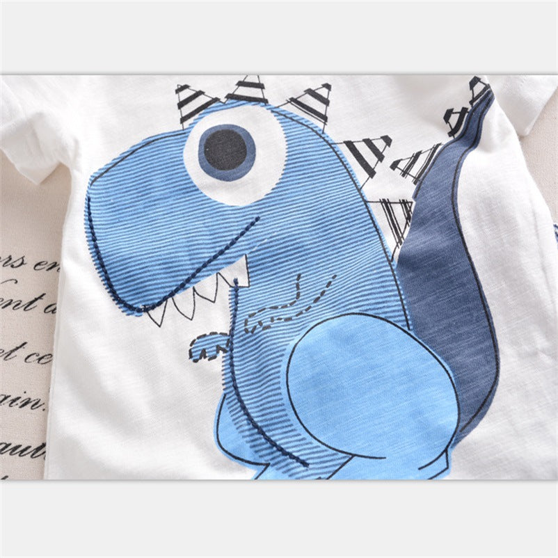 Boy Cartoon Dinosaur Short Sleeve Stripe Shorts Set - Mubimart -  