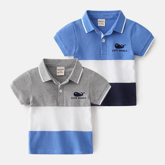 Boys Color Block Lapel Tops Korean Children's Clothing Boys Embroidered Shirts Baby Summer Trends - Mubimart