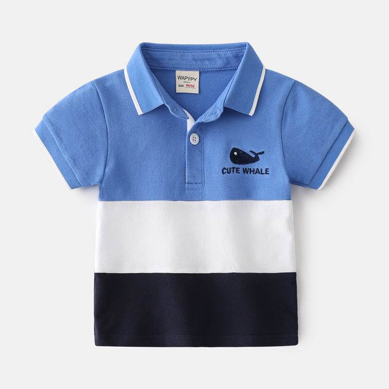 Boys Color Block Lapel Tops Korean Children's Clothing Boys Embroidered Shirts Baby Summer Trends - Mubimart