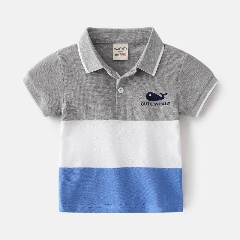 Boys Color Block Lapel Tops Korean Children's Clothing Boys Embroidered Shirts Baby Summer Trends - Mubimart