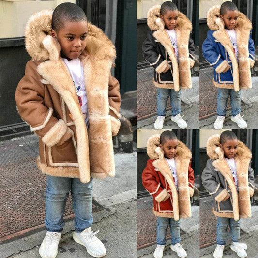 Boys' Warm Fur All-in-one Fashion Hooded Jacket - Mubimart