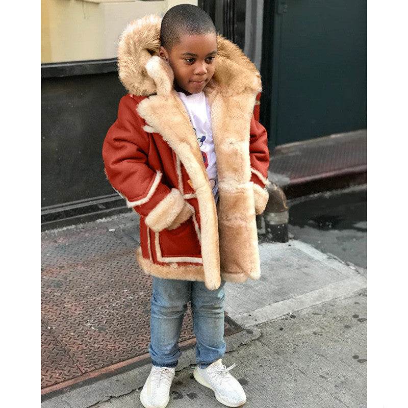Boys' Warm Fur All-in-one Fashion Hooded Jacket - Mubimart