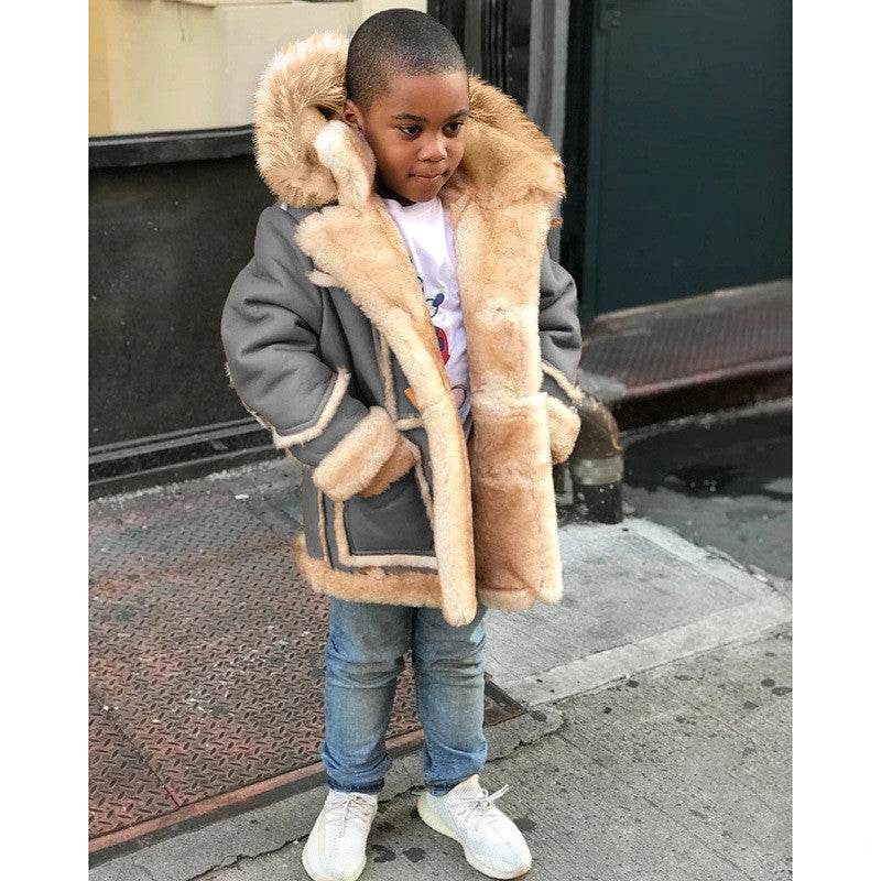 Boys' Warm Fur All-in-one Fashion Hooded Jacket - Mubimart