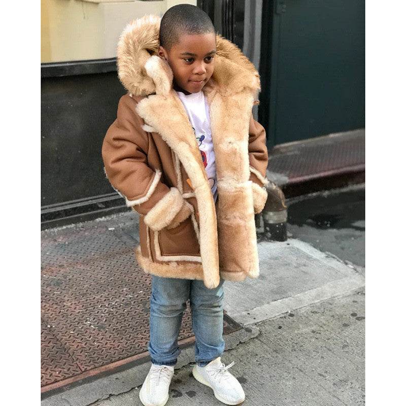 Boys' Warm Fur All-in-one Fashion Hooded Jacket - Mubimart