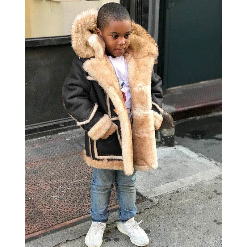 Boys' Warm Fur All-in-one Fashion Hooded Jacket - Mubimart