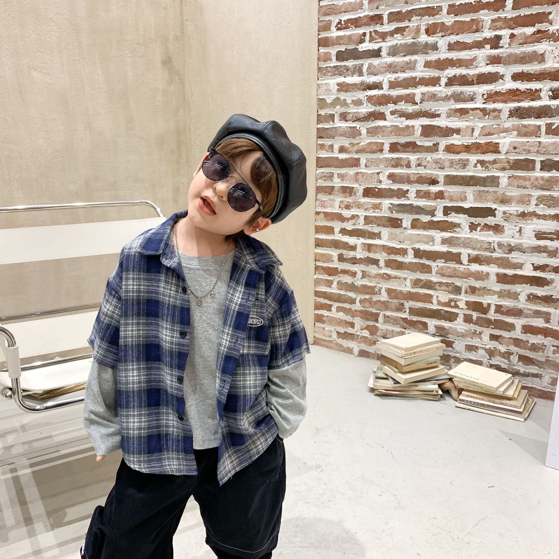 Boys plaid shirt stitching t-shirt - Mubimart -  