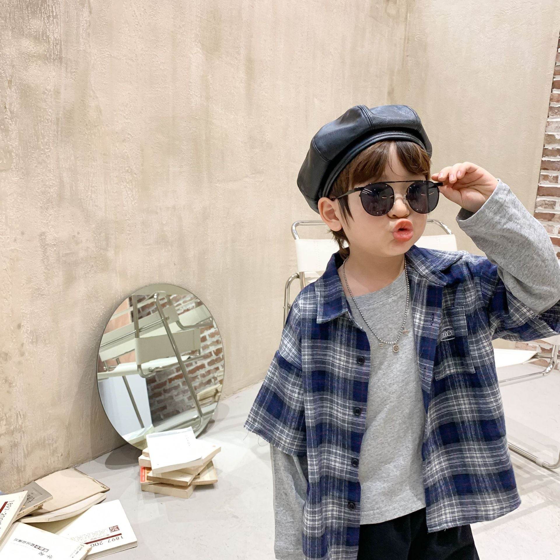 Boys plaid shirt stitching t-shirt - Mubimart