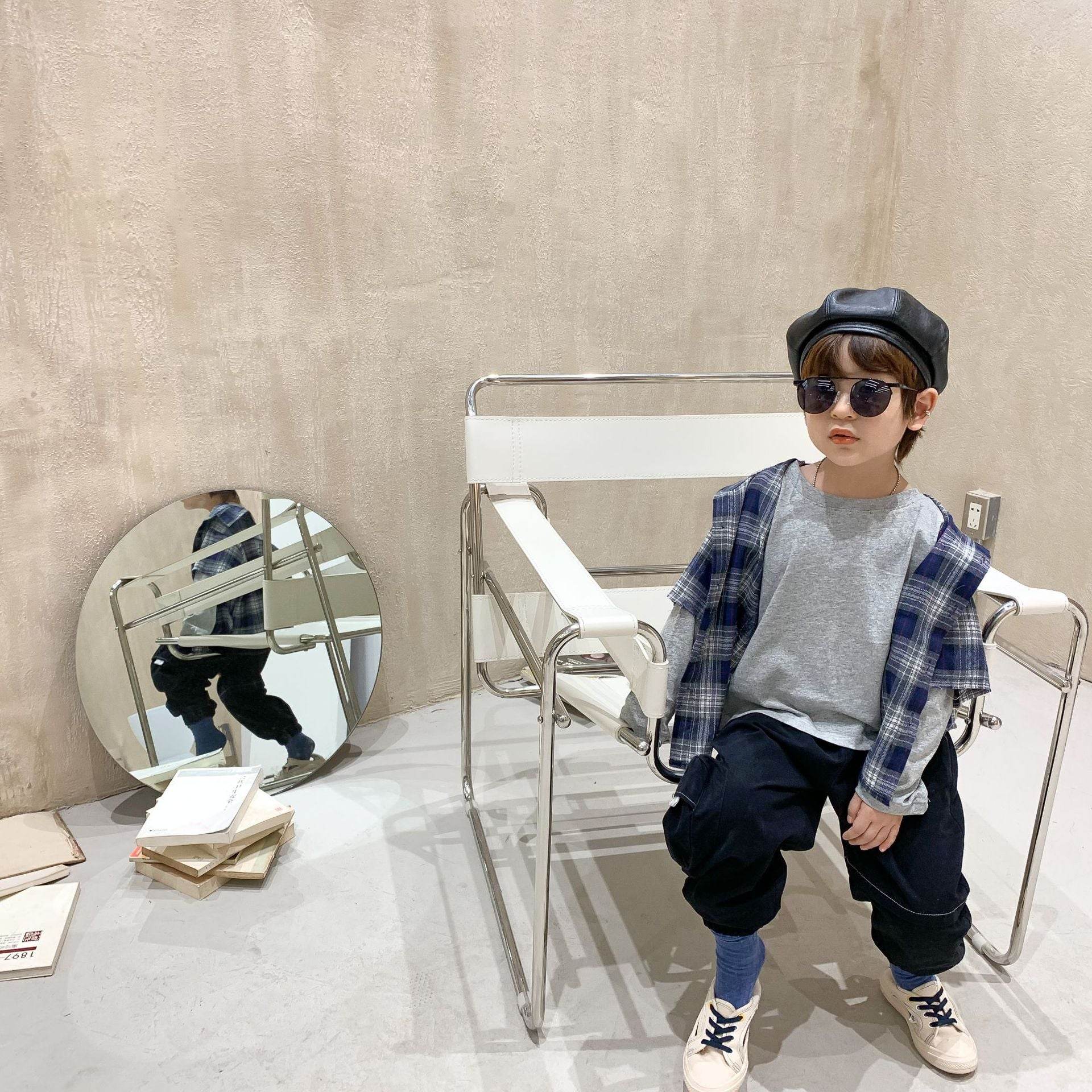Boys plaid shirt stitching t-shirt - Mubimart