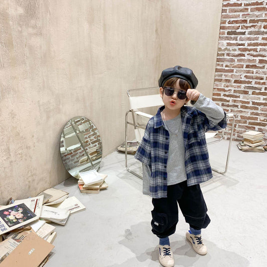 Boys plaid shirt stitching t-shirt - Mubimart