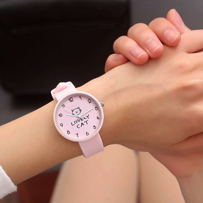 Cartoon Kids Quartz Watch Silicone Candy Color Student Watch Girls Clock Fashion Cat Watches Children Wristwatch Ladies Watch - Mubimart