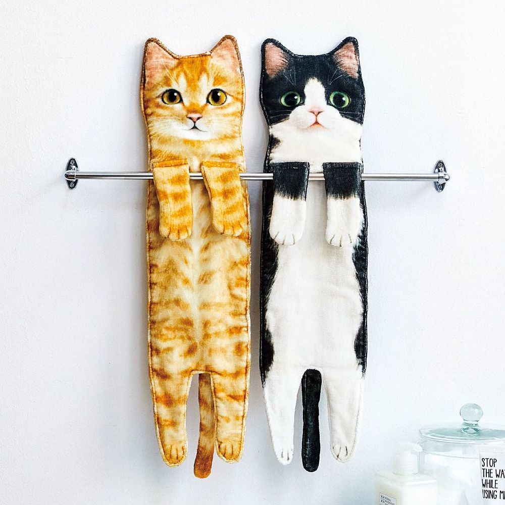 Cat Hand Towels Long Cat Shape Wipe Handkerchiefs Bath Towels For Bathroom Kitchen - Mubimart - Bath towel 