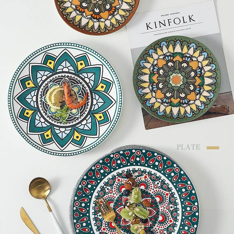 Ceramic plate Bohemian hand-painted plate - Mubimart