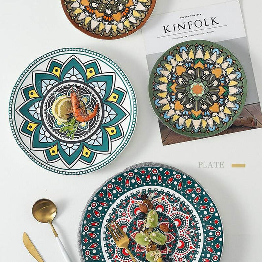 Ceramic plate Bohemian hand-painted plate - Mubimart