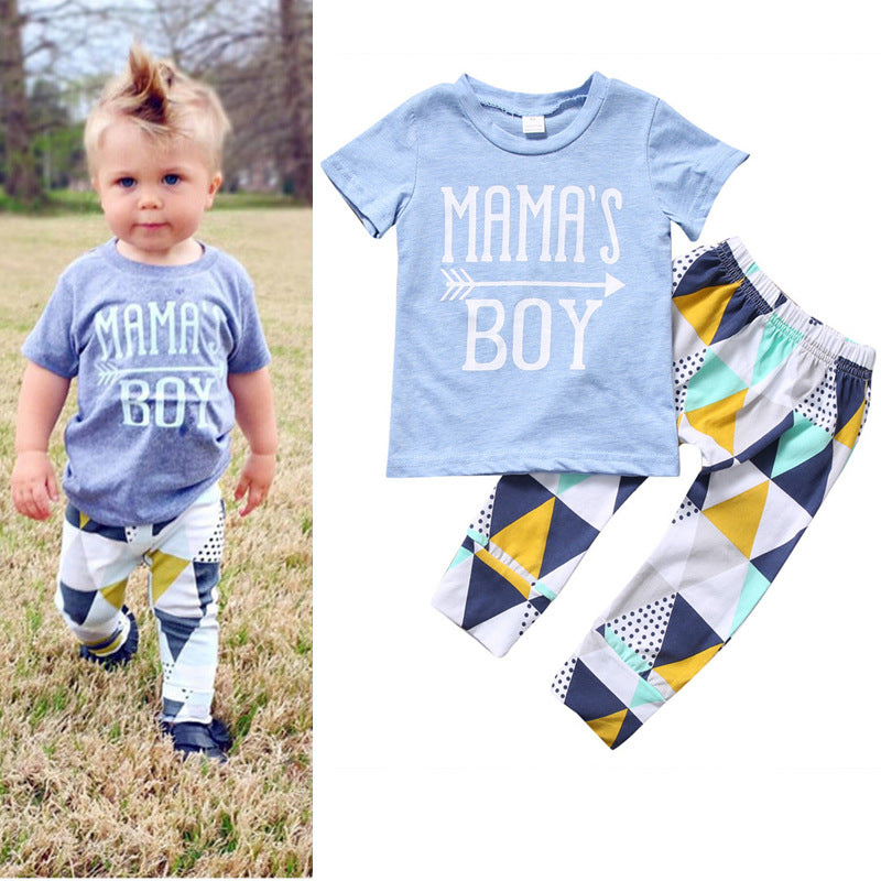 Children's Clothing Boy Suit Short-Sleeved T-Shirt Blue Letter Arrow Geometric Pants Baby Two-Piece Suit - Mubimart - Clothing Set 