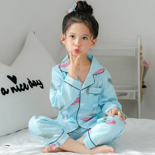Children's Clothing Girls Cute Printing Long-sleeved Home Wear, Big Children's Thin Cotton Pajamas Set - Mubimart
