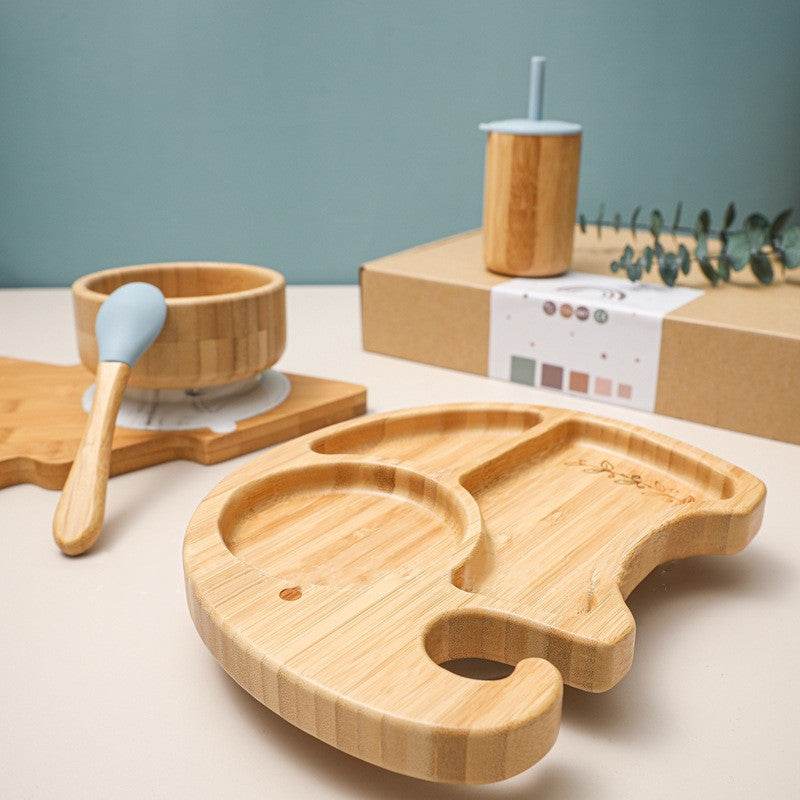 Children's Elephant Suction Cup Dinner Plate Round Bamboo Bowl Four-piece Set - Mubimart