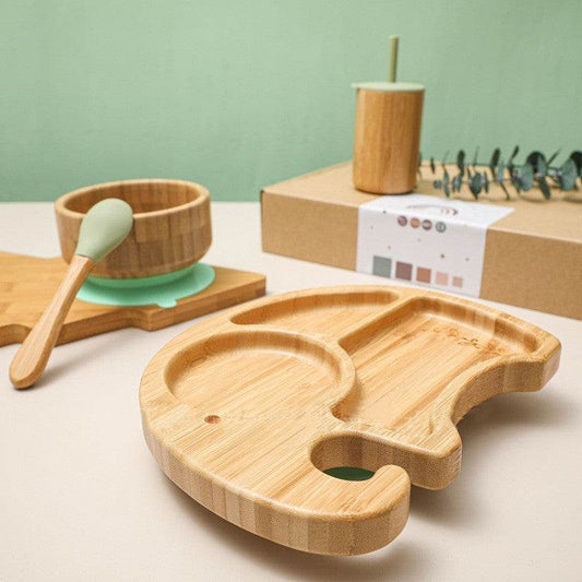 Children's Elephant Suction Cup Dinner Plate Round Bamboo Bowl Four-piece Set - Mubimart