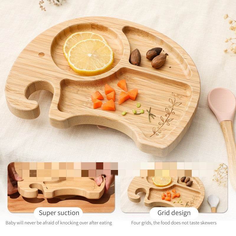 Children's Elephant Suction Cup Dinner Plate Round Bamboo Bowl Four-piece Set - Mubimart