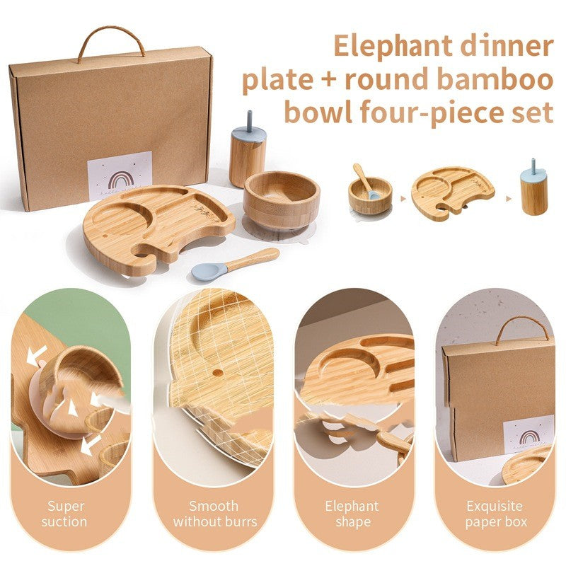 Children's Elephant Suction Cup Dinner Plate Round Bamboo Bowl Four-piece Set - Mubimart -  