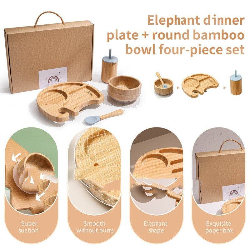 Children's Elephant Suction Cup Dinner Plate Round Bamboo Bowl Four-piece Set - Mubimart