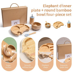 Children's Elephant Suction Cup Dinner Plate Round Bamboo Bowl Four-piece Set - Mubimart -  