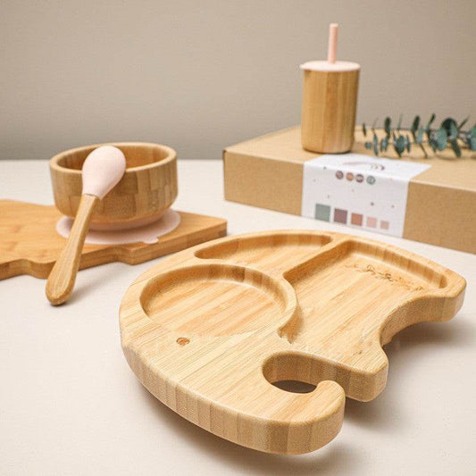 Children's Elephant Suction Cup Dinner Plate Round Bamboo Bowl Four-piece Set - Mubimart