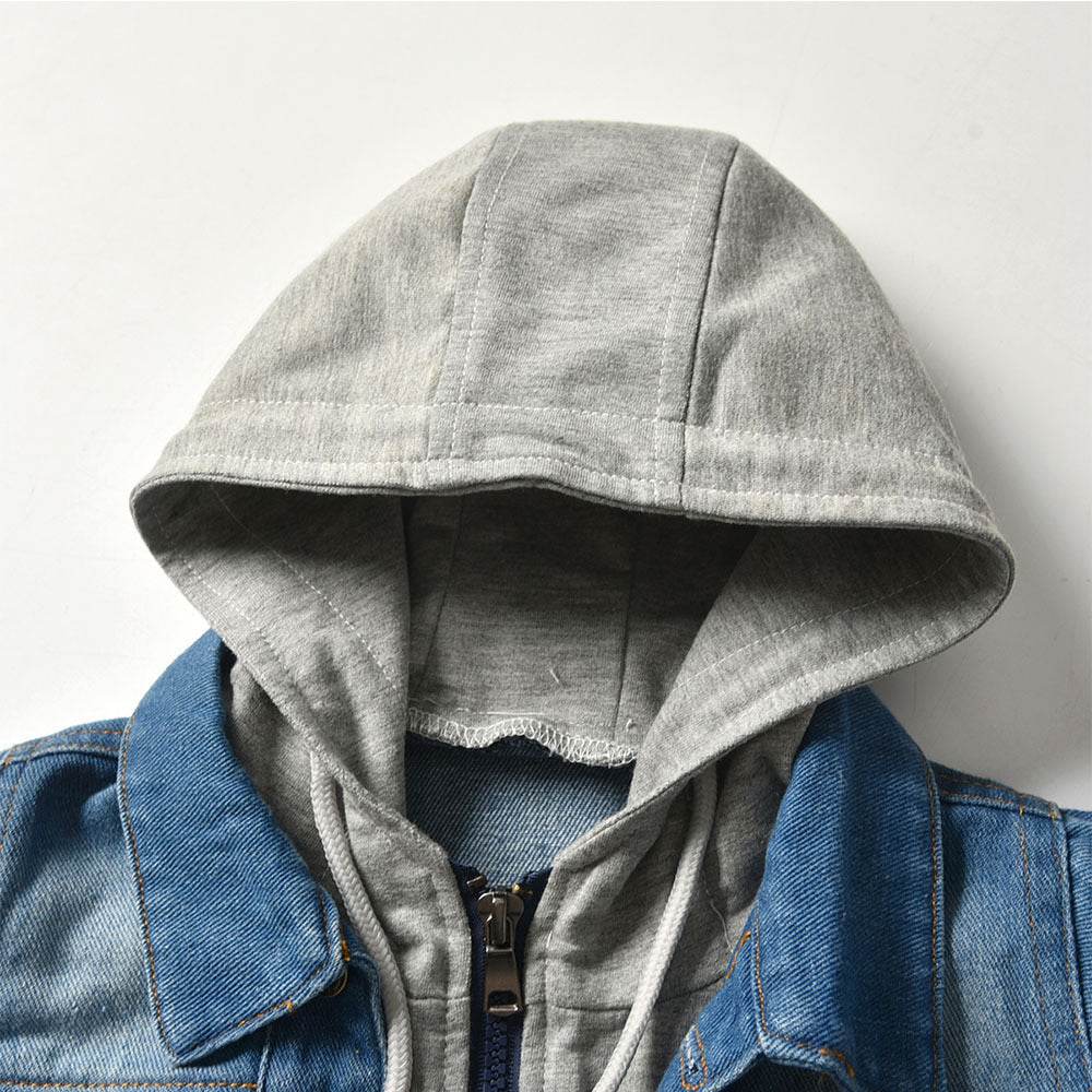 Children's Fake Two-piece Denim Jacket, Children's Hooded Fashion Casual Top - Mubimart
