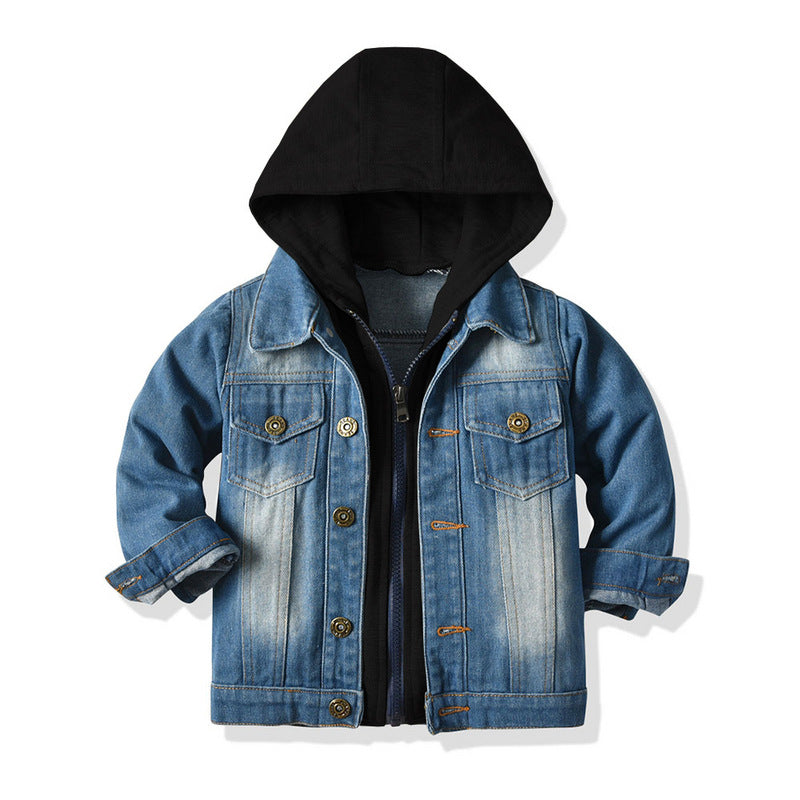 Children's Fake Two-piece Denim Jacket, Children's Hooded Fashion Casual Top - Mubimart - Boy Hoodies 