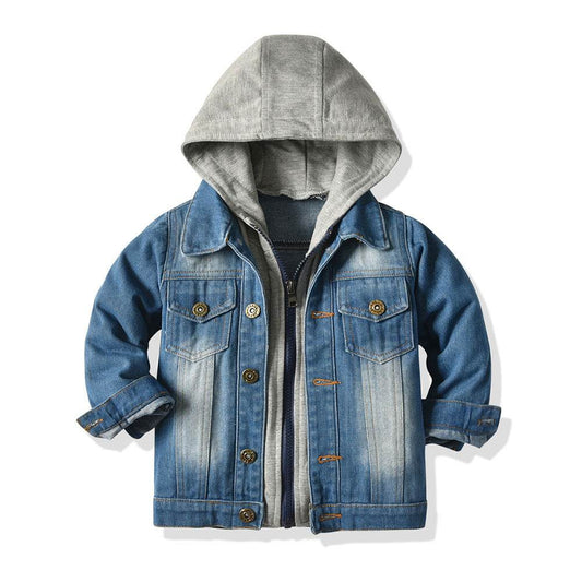 Children's Fake Two-piece Denim Jacket, Children's Hooded Fashion Casual Top - Mubimart
