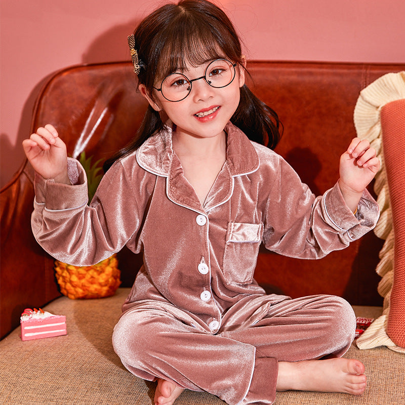 Children's Gold Velvet Solid Color Pajamas Set - Mubimart -  