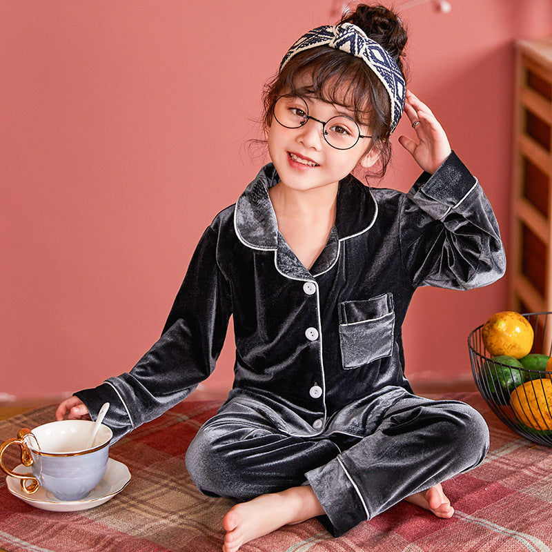 Children's Gold Velvet Solid Color Pajamas Set - Mubimart -  