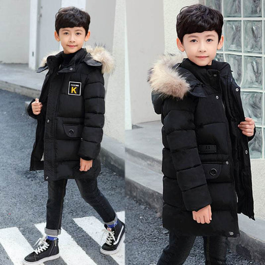 Children's Hooded Cotton Coat With Fur Collar And Cotton Quilted Jacket - Mubimart