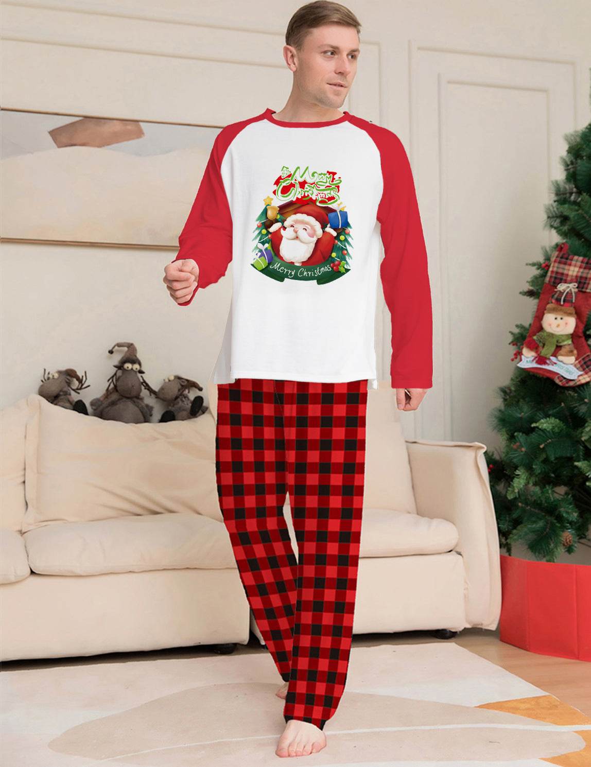 Christmas Parent-Child Clothes Set Long Sleeve T-Shirt Plaid Pants Family Matching Pajamas - Mubimart