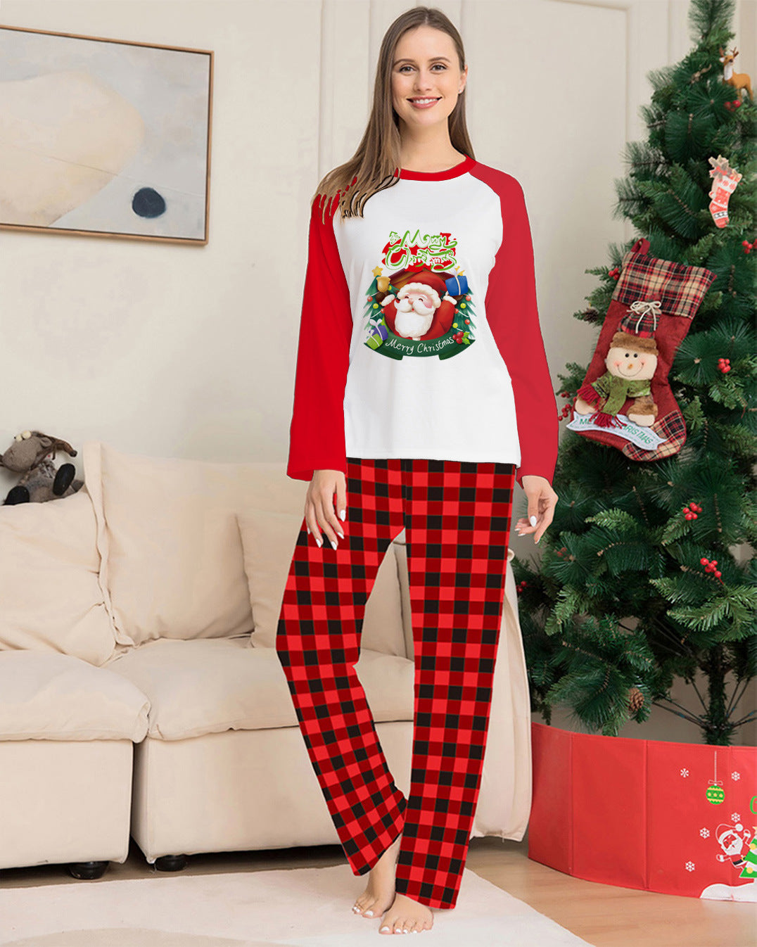 Christmas Parent-Child Clothes Set Long Sleeve T-Shirt Plaid Pants Family Matching Pajamas - Mubimart -  