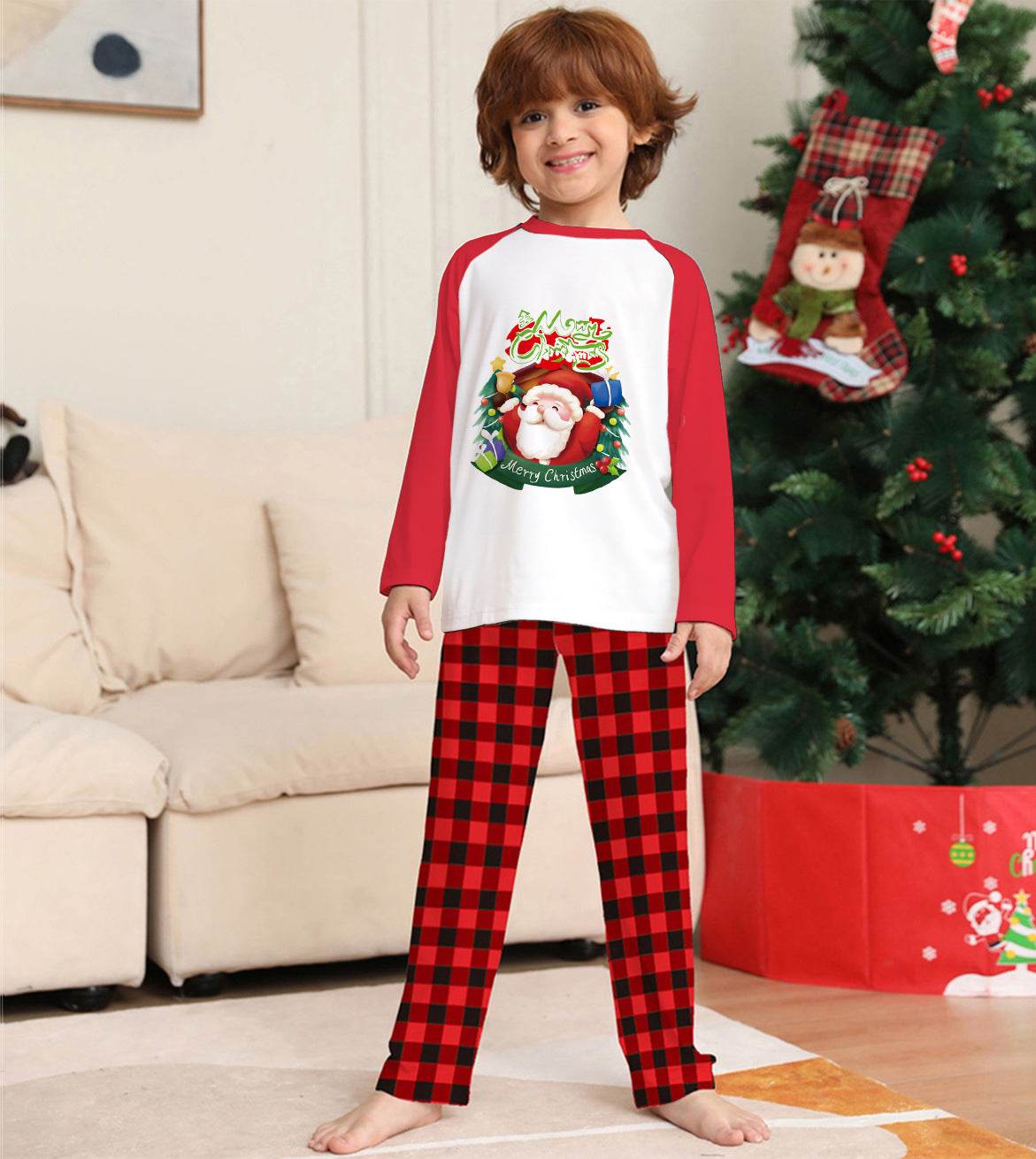 Christmas Parent-Child Clothes Set Long Sleeve T-Shirt Plaid Pants Family Matching Pajamas - Mubimart