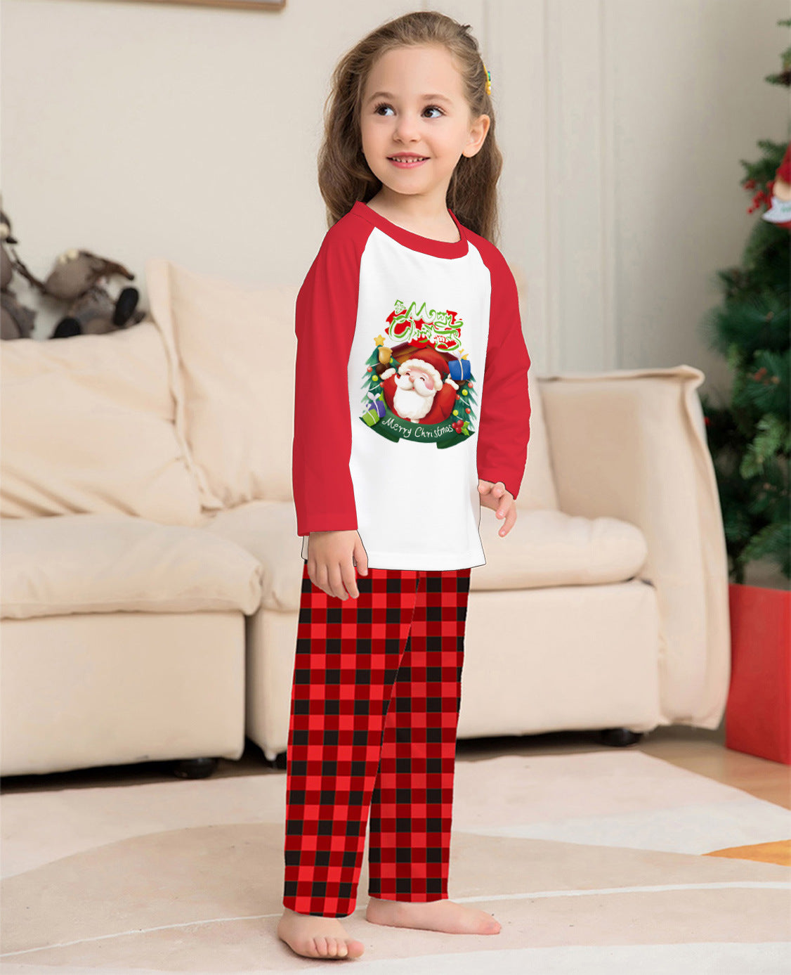 Christmas Parent-Child Clothes Set Long Sleeve T-Shirt Plaid Pants Family Matching Pajamas - Mubimart -  